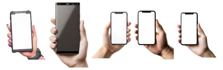 Diverse Hands Holding Different Smartphones with Blank Screens, Isolated on Transparent, white background