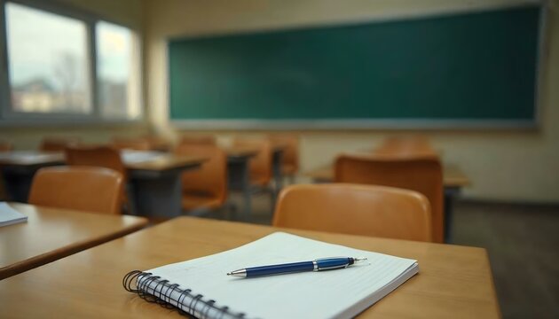 A desk with a pen and notebook, illustrating a learning environment and the tools for academic success