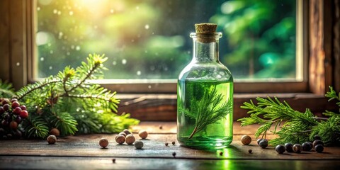 Aromatic Herbal Remedy in Glass Bottle on Rustic Wooden Surface near Window with Natural Light