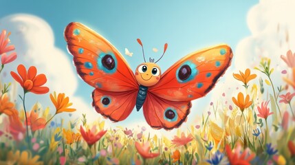 Happy butterfly in a colorful flower field