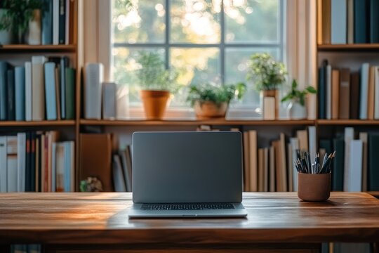 Minimalist wooden desk with closed laptop and pencil holder in front of large sunlit window with potted plants and shelves filled with books creating a calm and cozy workspace