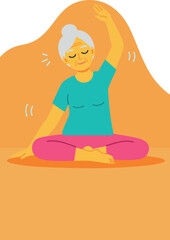 Senior Woman Practicing Yoga Meditation Sitting Cross Legged Stretching Arms Relaxation Vector 