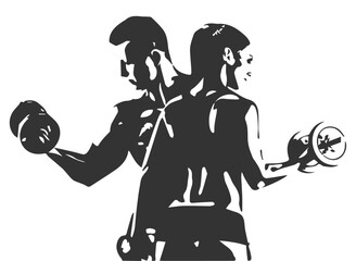Silhouette fitness vector logo design with male and female athletes holding dumbbelles  isolated on a white background