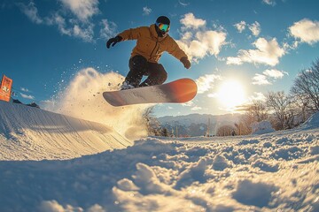 Snowboarder in mid-air performing a jump over a snowy slope with bright sun and blue sky in the background