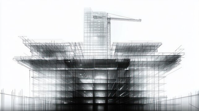 Detailed digital wireframe of a modern multi-story building under construction with a crane in the background, showcasing architectural structure and construction planning