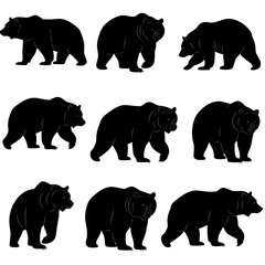 Naklejka premium Nine black bear silhouettes in various walking poses against a white background in a grid pattern