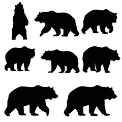 Fototapeta premium Silhouette illustration of seven bears in various poses on a white background design element art piece