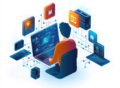 Person working on a laptop surrounded by multiple floating digital screens and data blocks representing interconnected software and data processing