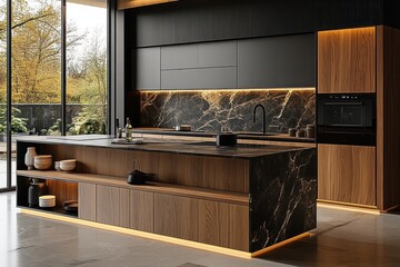 Modern kitchen with large marble and wood island, black cabinetry, built-in oven, indirect warm lighting, and large windows showing autumn trees outside