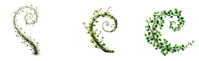 Pixel art of a green vine curl, spiral shape with tiny leaves, minimalist style, transparant background.