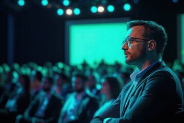 Focused man with glasses attentively watching presentation in a dimly lit conference room filled with seated audience under blue lighting