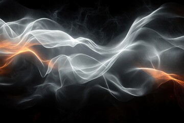 Obraz premium Flowing translucent wave-like structures with bright white and orange glowing lines on dark background evoking energy and movement