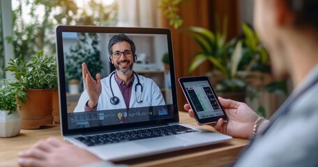 Man having a friendly telehealth video consultation with a smiling doctor on laptop while holding a smartphone showing medical data in a cozy home environment with plants