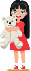 Girl holding white teddy bear smiling in red dress and red shoes vector illustration 