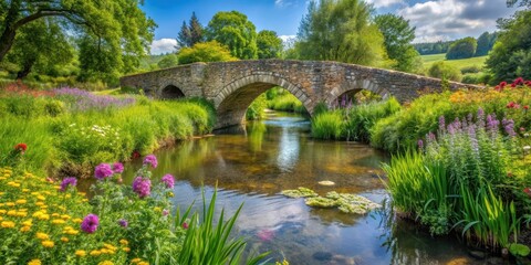 Ancient stone bridge crossing over a serene brook in a picturesque countryside landscape with lush greenery and vibrant wildflowers, bridges, water features