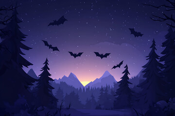 Naklejka premium Bats Flying Over a Mountain Landscape at Dusk with a Starry Sky and Twilight Glow