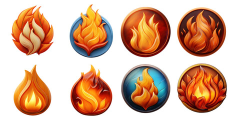 Colorful Flame Icons Set on Bright Background with Various Designs, Isolated on Transparent, white background
