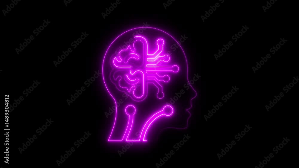 Poster glowing neon brain icon displaying artificial intelligence and technology on black background
