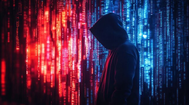 Silhouetted figure wearing a hooded jacket standing amid cascading red and blue digital code streams, evoking mystery and cyber tension