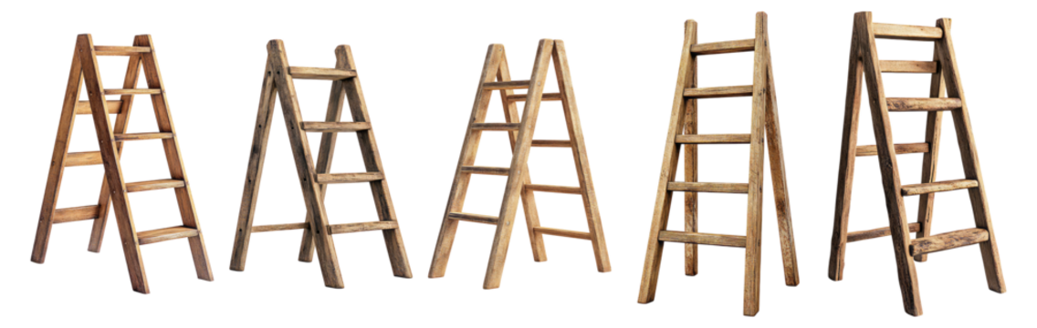 Wooden Ladders in Various Positions for Home Improvement Projects, Isolated on Transparent, white background