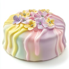 A different delicious pastel-hued cake with delicate layers of pale yellow, soft pink, and pastel purple, 