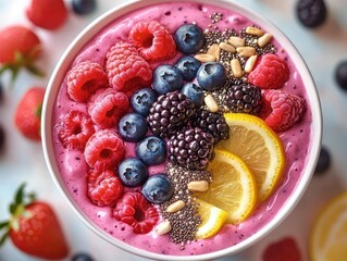 Close-up of a vibrant smoothie bowl topped with fresh raspberries, blueberries, blackberries, lemon slices, chia seeds, and pine nuts, evoking freshness and health