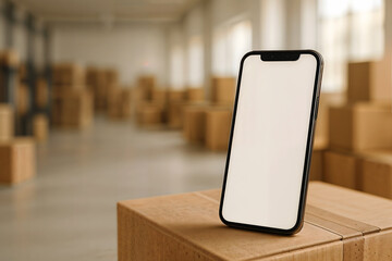 Teléfono móvil con pantalla en blanco apoyado sobre una caja de cartón en un almacén. Ideal para proyectos sobre logística, comercio electrónico y tecnología.