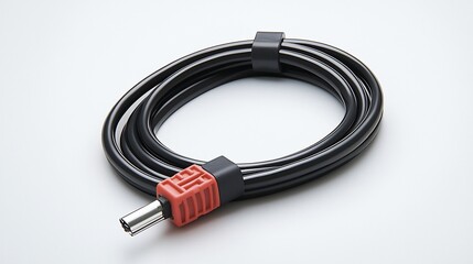 Black coiled power cable with red connector