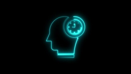 Animated neon illustration of a mind and clock concept on black background - Powered by Adobe