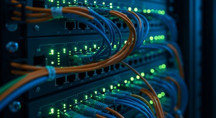 Network switches glow cables intertwined