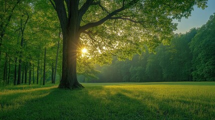 Fototapeta premium Lush green forest at sunrise