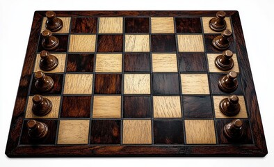wooden chessboard with only pawns arranged on both sides ready to start the game