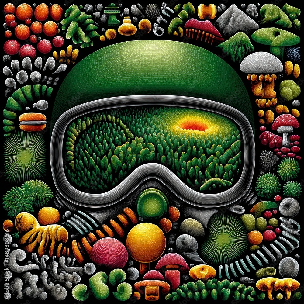 Poster vibrant abstract art with nature elements and unique patterns