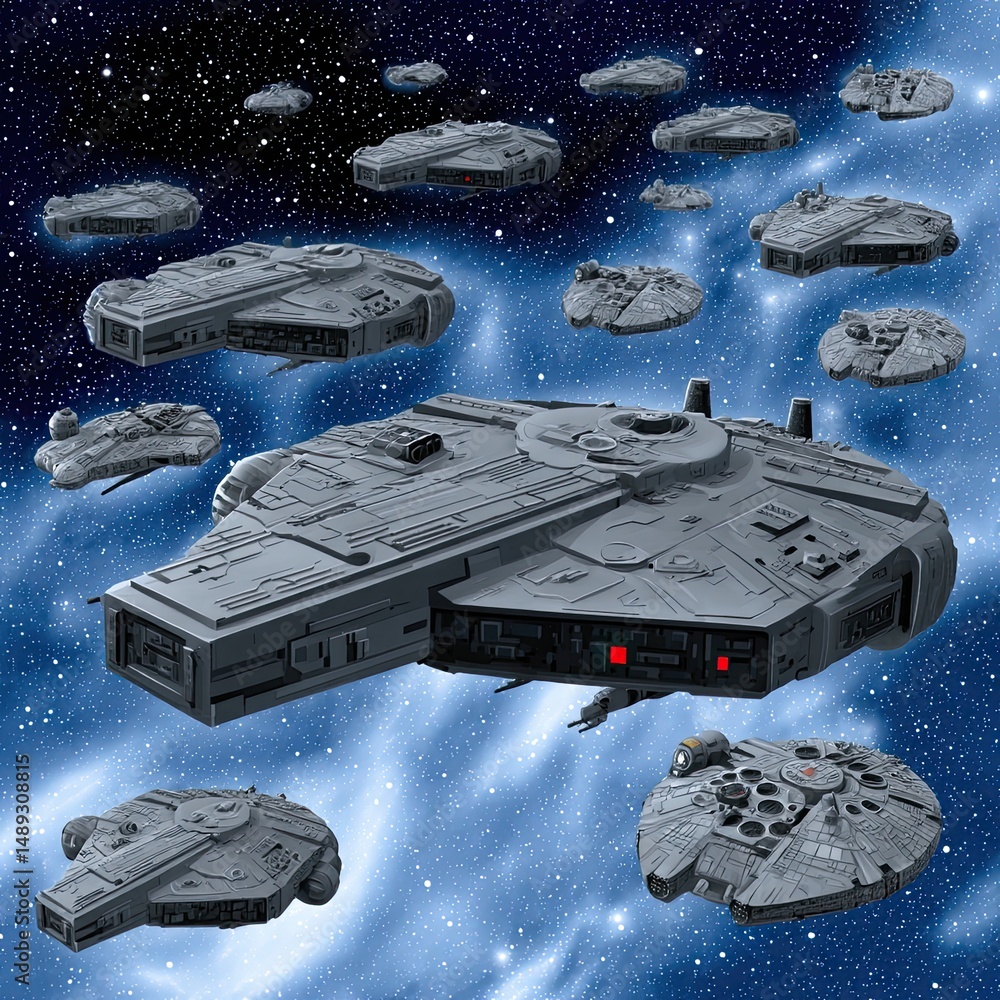 Aufkleber fleet of futuristic spaceships in deep space with starry background