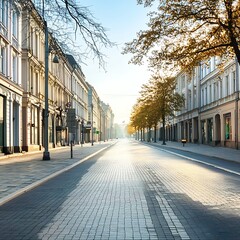 Naklejka premium Sunlit Cobblestone Street with and Lush Greenery