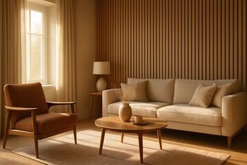 Neutral Living Room with Wood Slat Wall and Mid-Century Armchair