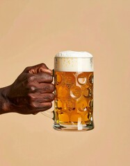 ベージュのマット背景を背にビールジョッキを握る男性の手。細部までリアルに表現された泡の質感が印象的な写真


