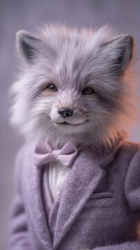Portrait of a silver fox wearing a lavender suit and bow tie against a soft purple background. The fox has a gentle, happy expression. Soft lighting enhances the fur texture.