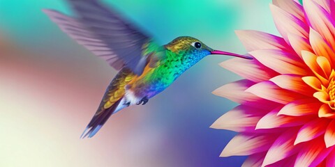 Fototapeta premium Vibrant Hummingbird feeding on a Dahlia flower
