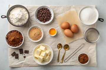 Flat lay of baking prep: flour, sugar, cocoa powder, butter, eggs, vanilla extract, chocolate chips, and measuring spoons on parchment paper, clean and organized setup for dessert preparation in home.