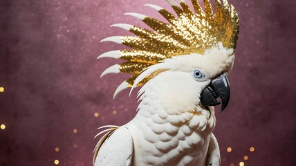 Elegant white cockatoo with blue eye is crowned with golden glitter in a regal studio shot.