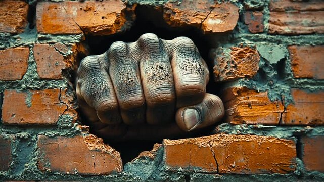A clenched fist breaking through a brick wall, symbolizing strength and resilience in urban settings