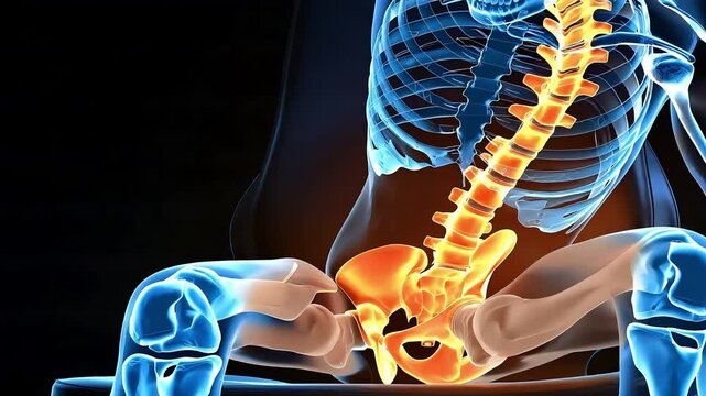 3D medical illustration of human spine pelvis and lower skeletal structure with glowing bones