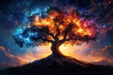 A mystical tree with fiery orange and cool blue glowing foliage under a starry cosmic sky, set against a vibrant and colorful horizon at sunset
