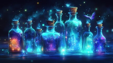 Magical glowing bottles fantasy liquid light particles dark background digital art