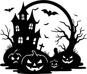 silhouette of haunted house and halloween pumpkin