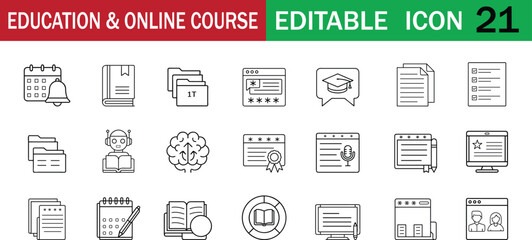 Minimal line‑style Education Online Course icon set delivers 21 editable symbols for e‑learning platforms, virtual classrooms, academic management apps, and study planners. Clean vector strokes 