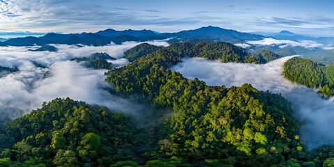 Naklejka premium Exploring lush green hills foggy mountains nature landscape scenic view aerial perspective serenity in nature