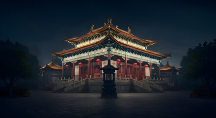 Obraz premium Serene Temple at Night with Ethereal Lighting and Quiet Atmosphere