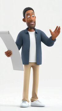 black man 3d animated character holding long bill invoice receipt contract digital isolated on white background social media vertical format mobile credit card statement